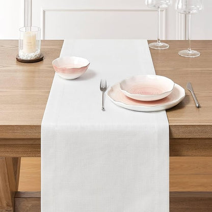 ZeeMart Linen Textured Border Table Runner, 14 x 36 Inch White, Farmhouse Style White Table Runners 36 Inches Long, Easy Care Everyday Polyester Table Runner