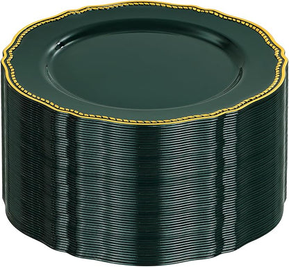 Hioasis 60pcs Green Plastic Plates - Green and Gold Disposable Dinnerware with Gold Rim, Heavy-duty, 10.25 inch, Dinner Plates for Party & Wedding
