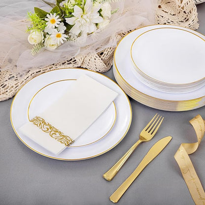 Supernal 350pcs White and Gold Plastic Plates,Gold Plastic Dinnerware for 50 Guests Include 100 White Disposable Plate, 150 Gold Silverware Set, 50 Disposable Cups, 50 Napkins
