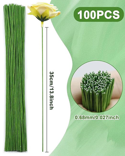 100 PCS FIVEIZERO 26 Gauge LightGreen Floral Wire Stems for Artificial Flower Making,Florist Wires,Flower Wire for Crafts,Alambre para Flores for Wreaths, Flower Arrangements and DIY Projects