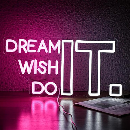 Dream It Wish It Do It Neon Sign Dimmable Letters Neon Light Signs for Wall Decor USB Power Pink White Neon Light for Bedroom Led Neon Sign for Studio Office Bar Gifts
