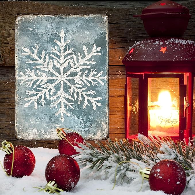 Vintage Christmas Tin Sign - Winter Snowflakes Metal Tin Sign - Wall Decor Sign for Outdoor Snowflake Christmas Decoration - 12x16Inch