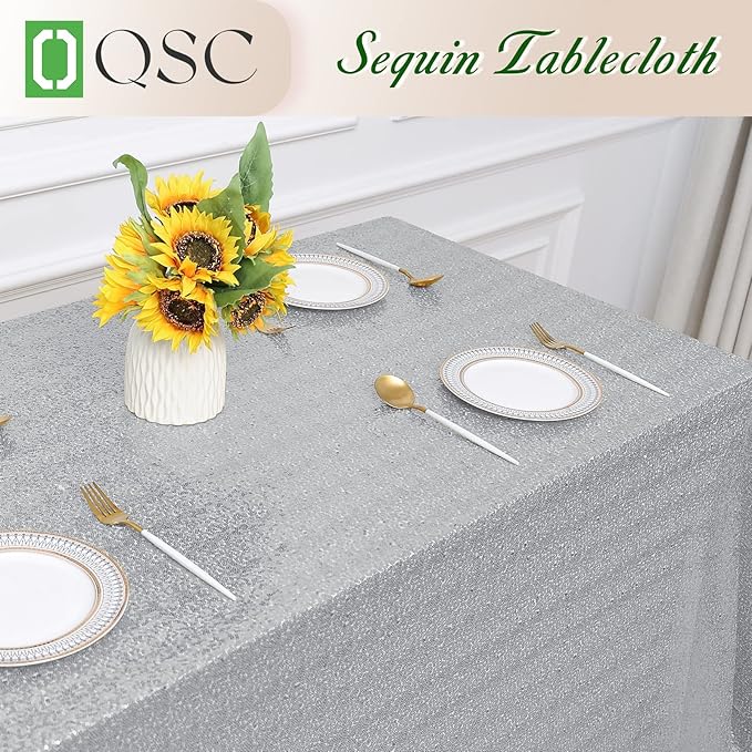 OQSQ Silver Sequins Tablecloth 60x102 inch, Sparkly Glitter Table Cover for Wedding Birthday Party Prom Decorations