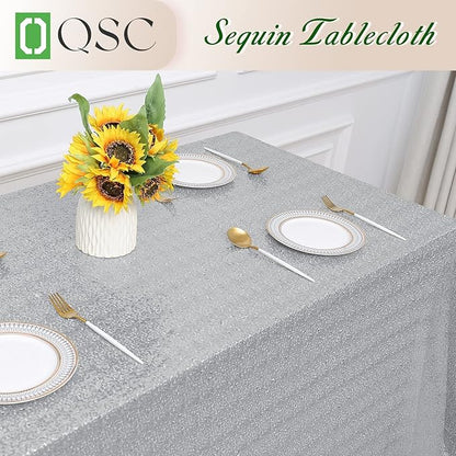 OQSQ Silver Sequins Tablecloth 60x102 inch, Sparkly Glitter Table Cover for Wedding Birthday Party Prom Decorations