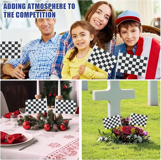 12Pcs Small Checkered Black and White Racing Flags on Wooden Stick Mini Race Car Flag Hand Held Flag Decorations,5x8 Inch