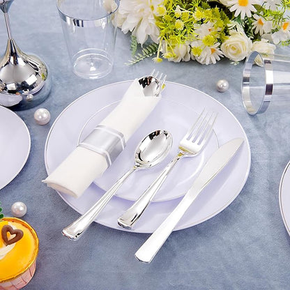 KIRE 350 PCS Plastic Dinnerware Set for 50 Guests, Silver Plastic Plates Include 50 Dinner, 50 Dessert Plates, 50 Pre Rolled Napkins with Silverware, 50 Cups for Wedding, Party, Banqet, Gathering