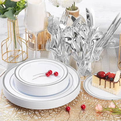 600PCS Silver Plastic Plate Set (100 Guests), Disposable Plates for Party Wedding Birthday, Dinnerware Set of 200 Plastic Plates, 200 Forks, 100 Spoons, 100 Knives for Christmas