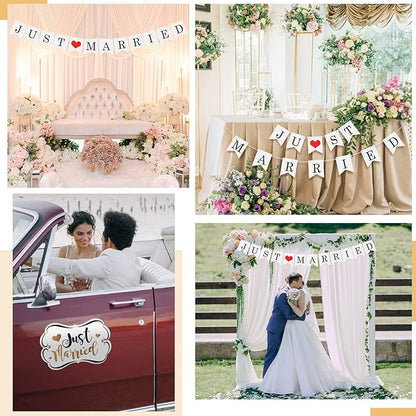 Tallew 4 Sets Just Married Car Decorations Ornate Magnets 12 x 7.5, Wedding Day Car Window Decals 5.1 x 22.4, Just Married Sign Banner Decorations for Honeymoon Wedding