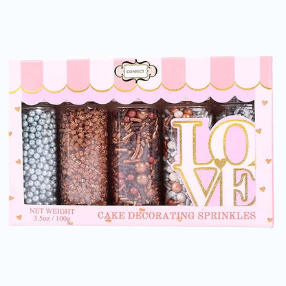 Confect-Rose Gold Edible Cake Sprinkles Mix – Pearl Dragees, Silver & Copper Jimmies, Bronze Sparkling Sugar – White, Rose Gold, Silver Glam Sprinkle Set for Cake Decorating, Baking & Cupcakes- Vegan, Gluten-Free, Nut-Free, Soy-Free, Dairy-Free, Palm O...