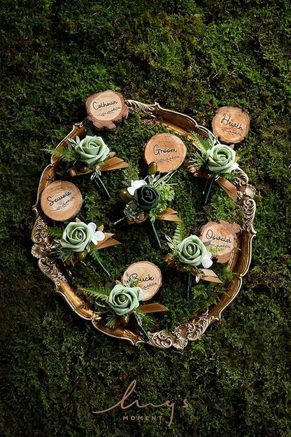 Ling's Moment Boutonniere for Men, 6pcs Groom Groomsmen Boutonniere, Artificial Flowers for Wedding Decor/Prom/Homecoming, etc.Green Beige