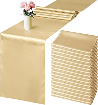 Aneco 16 Pack Satin Table Runner 12 x 108 Inch Champagne Long Wedding Satin Silk Table Runner for Wedding Banquet Graduations Birthday Party Decoration