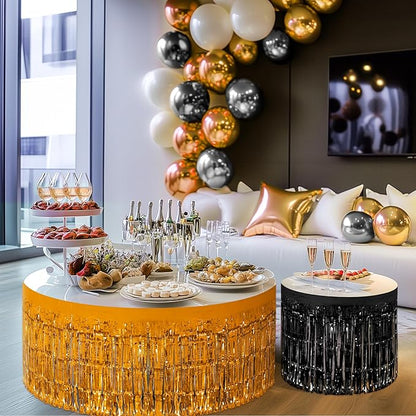 2 Pack Black Orange Table Skirts, 29x108" Metallic Foil Tinsel Fringe Table Skirt for Rectangle Tables Streamer Curtains Backdrop, Party Decorations for Birthdays, Weddings, Holidays