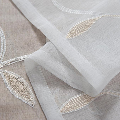 VISIONTEX White Sheer Voile Curtains, Decorative Leaves Embroidery Faux Linen Rod Pocket Window Drapes for Home Kitchen, Living Room and Bedroom 26 x 36 Inch, Set of 2 Curtain Panels