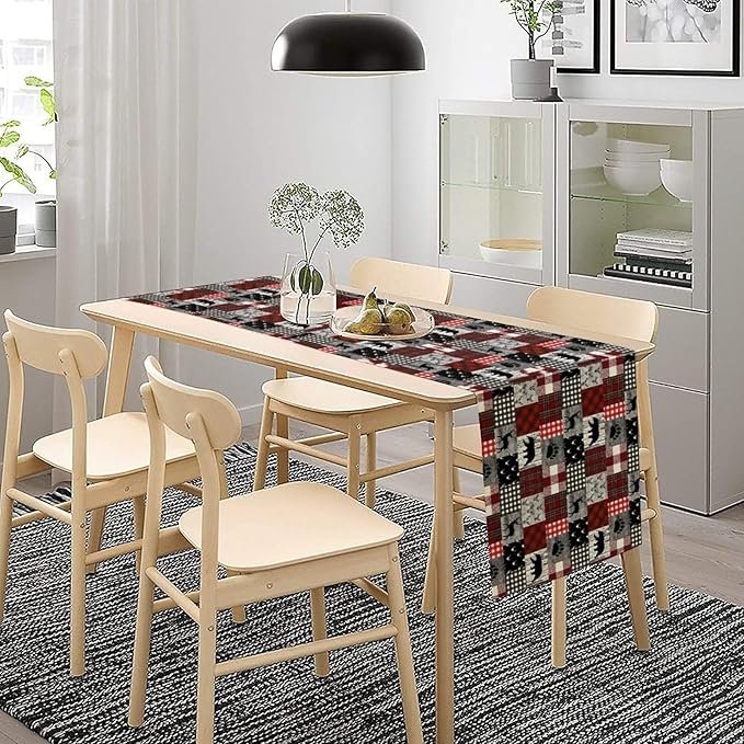 Rustic Farm Table Runner,Vintage Woodland Deer Bear Animal Buffalo Plaid Print Tablecloth Burlap for Hotel Indoors Outdoor Dining Room Kitchen Home Decor,W13X L80 in