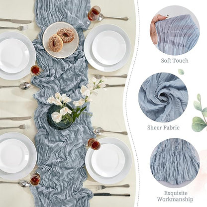 24 Pack Dusty Blue Cheesecloth Table Runner 10FT Long Boho Gauze Table Runner Rustic Sheer Runner for Wedding Bridal Baby Shower Birthday Party Table Decor Thanksgiving Christmas Decorations