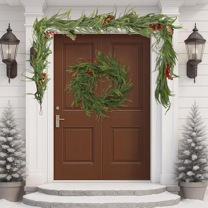 9FT Norfolk Pine Garland Christmas Artificial Greenery with Red Berries Cones, Pine Tree Decor for Mantel Fireplace Stair Rail Doorway Table, Indoor Outdoor Winter Christmas Decorations