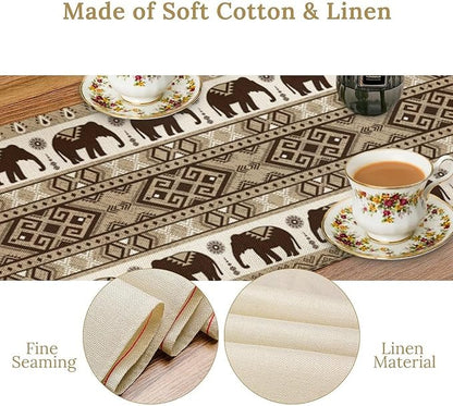 Ethnic Table Runner, Rustic Farmhouse Boho Indian Bohemian Elephant Aztec Tribal Print Beige Table Center Decor for Home Kitchen Dining Patio Holiday Party Indoor Table Decorations, 13"x90" Inch