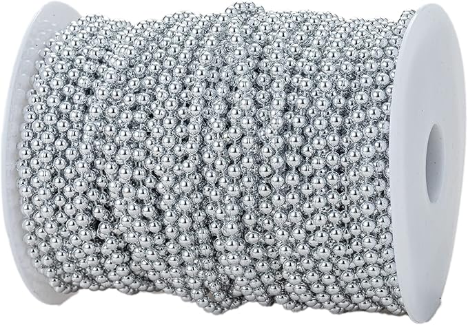 4mm Crafts Faux Pearl Beads Garland Pearl Bead Roll Strand of Pearls to Decorate Floral Centerpieces Wedding Party Favor Christmas Tree(131 Feet Silver)