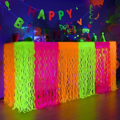 Mega-L Glow in The Dark Party Supplies, 2 Pack Neon Party Decorations Fluorescent Macaron Orange, Yellow and Fuchsia Wavy Metallic Tinsel Foil Fringe Table Skirts, Perfect Table Decors Glow Decors