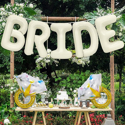 40 Inch Beige BRIDE Balloons Luxury Wedding Decor for Bridal Shower, Larger Cream White "BRIDE" Foil Letter with 2 Giant Diamond Ring Balloons, Bachelorette Engagement Wedding Party Favors