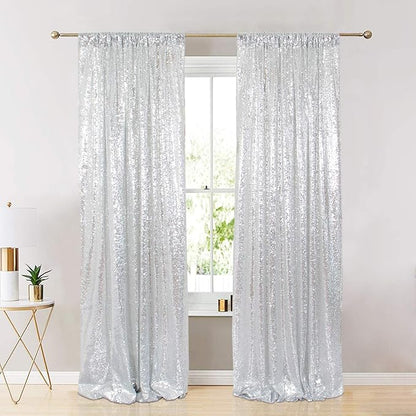 ShinyBeauty Silver and Blue Sequin Backdrop - 4 Pieces Shimmer Curtains Panels for Birthday, Party, Baby Shower, and Photo Backgrounds （2FTX8FT）