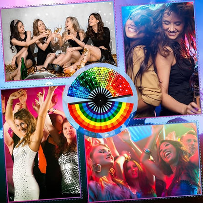 Qunclay 12 Pieces UV Glow Large Rave Folding Hand Fan Festival Fan for Men Women Chinese Japanese Clack Handheld Fan with Rainbow Butterfly for Drag Queen Dance Performance Music Party Gifts, 24 Inch