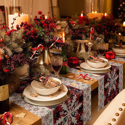 Buffalo Plaid Christmas Cotton Linen Table Runner for Dining Kitchen, Snowflake Red Black Check Wedding Outdoor Party Tablerunner Decoration, Retro Dresser Scarf Coffee Tablecloth Runners 13x70 Inches