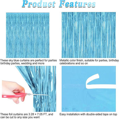 12 Pack Party Decorations, 3.28 FT x 7.05 FT Sky Blue Curtains, Metallic Party Streamers Photo Booth Backdrop Foil Fringe Curtains, Light Blue Winter Wonderland Backdrop Birthday Decor