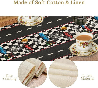 Race Car Table Runner,Checkered Flag Black and White Race Cars Pattern Print Tablecloth Burlap for Hotel Indoors Outdoor Dining Room Kitchen Home Decor,W13X L70 in