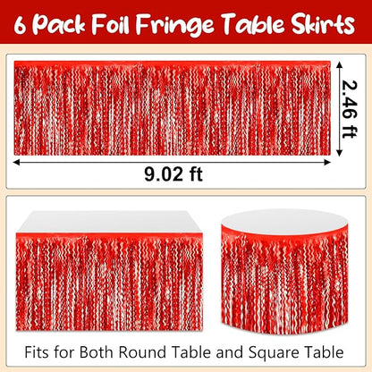 6 Pack 29 x108 Inch Red Wave Foil Fringe Table Skirts Metallic Banner for Tinsel Streamer Garland Backdrop for Parade Floats, Mother's Day, Easter, Wedding, Birthday Party Decoration