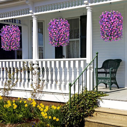 Artificial Fake Hanging Flowers with Basket for Outdoor Decoration,UV Resistant Faux Silk Dark Purple and Fuchsia Orchid Flowers Vines in Planter Realistic Hanging Baskets for Home Porch Garden