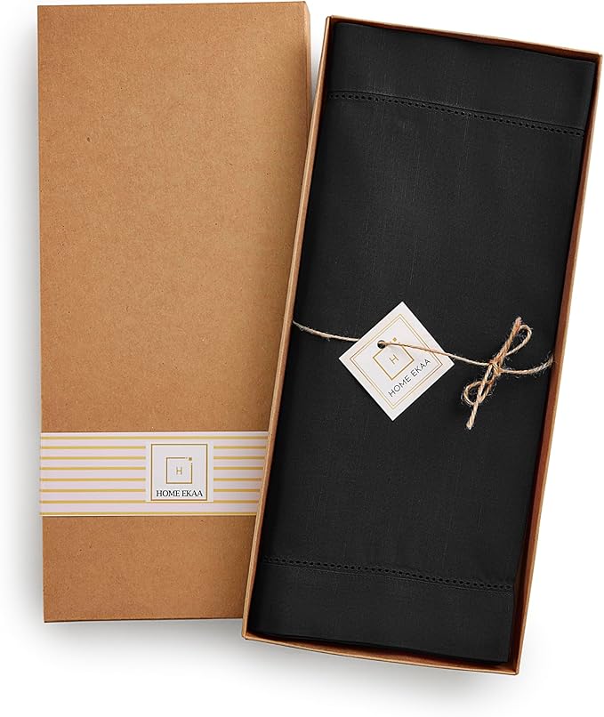 Black Table Runner 90 Inch–Cotton Linen Hemstitch Farmhouse Table Runner 14x90 – Washable Fabric for Dining, Fall, Halloween, Thanksgiving, Spring, Summer, Wedding, Everyday Décor – Serena