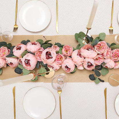 Floweroyal 2 Pack Artificial Flower Garlands 11.2FT Eucalyptus Garlands with Flowers 8 Head Peony Flower Vine Faux Floral Garland for Wedding Arch Table Wall Backdrop Wreath Decoration. (Vintage Pink)