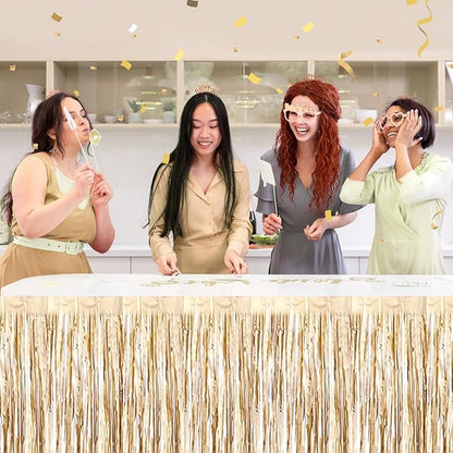 3 Pack 29 x108 Inch Champagne Gold Foil Fringe Table Skirts Metallic Banner for Tinsel Streamer Garland Backdrop for Parade Floats Wedding Thanksgiving Birthday Christmas New Year Party Decoration