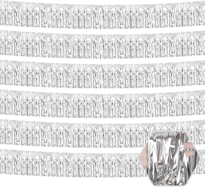 6 Pack 10 Feet Silver Foil Fringe Garland Metallic Tinsel Streamers Banner Wall Hanging Curtain Backdrop for Parade Floats, Birthday, Graduate, Mother's Day, Wedding Party Decoration
