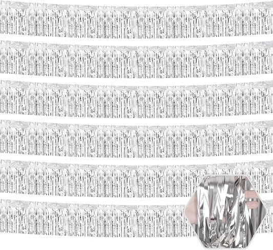 6 Pack 10 Feet Silver Foil Fringe Garland Metallic Tinsel Streamers Banner Wall Hanging Curtain Backdrop for Parade Floats, Birthday, Graduate, Mother's Day, Wedding Party Decoration