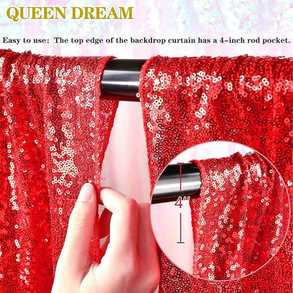 QueenDream Red Sequin Backdrop 2 Panels 2FTx8FT Christmas Party Backdrop Curtains Glitter Photo Background Wedding Stage Decorations