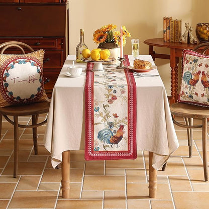 patdrea Designer Farmhouse Linen Table Runner, Rustic Cottage Mauve with Rooster and Floral Pattern Fabric Table Mat, Decoration for Kitchen Dining Coffee Table Banquet Christmas , 12"*102"