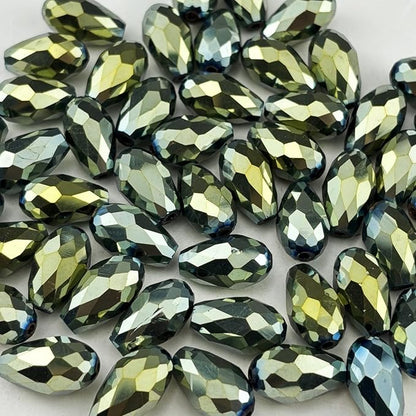 130pcs 6x8mm Teardrop Crystal Glass Beads for Jewelry Making, Faceted Vertical Hole Teardrop Glass Spacer Beads for Wind Chimes Bracelet Earring Necklace DIY Craft(Green Light)