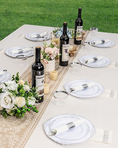 Goodluck 350 Piece Silver Plastic Dinnerware Set for 50 Guests, Fancy Disposable Plates, Include: 100 Silver Rim Plastic Plates, 150 Silverwares, 50 Pre Rolled Napkins, 50 Cups for Party, Wedding