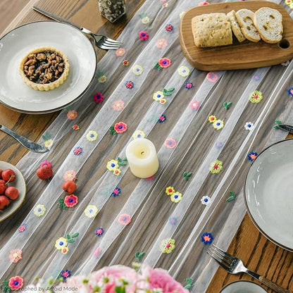 Artoid Mode 3PCS Embroidery Daisy Gauze Table Runner 120 Inch 10FT, Seasonal Sheer Kitchen Dining Holiday Wedding Birthday Table Decor for Home Party
