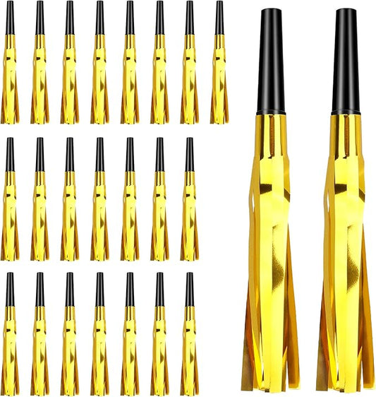 Noise Makers, 24 PCS Gold Noise Makers, Glitter Metallic Fringed Party Blowers Noisemakers Horns for Adults for Birthday Sporting Events Christmas 2025 New Year Eve Party Favor Supplies Decorations