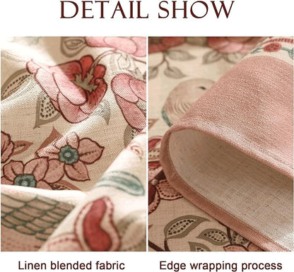 patdrea Designer Pink Linen Table Cloth for Rectangle Table,Vintage Floral with Birds Pattern Decorative Tablcloth,French Table Cover for Kitchen Dining,Thanksgiving,Christmas,63"x94"-Kulom a
