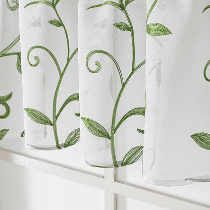 VISIONTEX White Sheer Voile Curtains, Decorative Leaves Embroidery Faux Linen Rod Pocket Window Drapes for Home Kitchen, Living Room and Bedroom 26 x 36 Inch, Set of 2 Curtain Panels