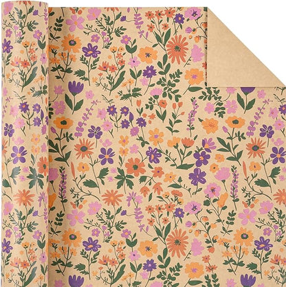 WRAPAHOLIC Kraft Floral Wrapping Paper Roll - Mini Roll - 17 Inch x 33 Feet - Vintage Flower Wrapping Paper, Perfect for Wedding, Birthday, Bridal Shower, Tea Party