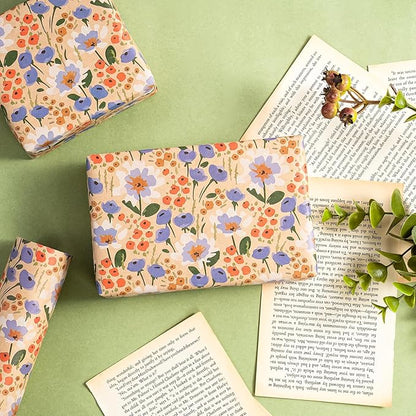 WRAPAHOLIC Kraft Floral Wrapping Paper Roll - Mini Roll - 17 Inch x 9.8 Feet - Watercolor Flower Wrapping Paper, Perfect for Wedding, Birthday, Bridal Shower, Tea Party