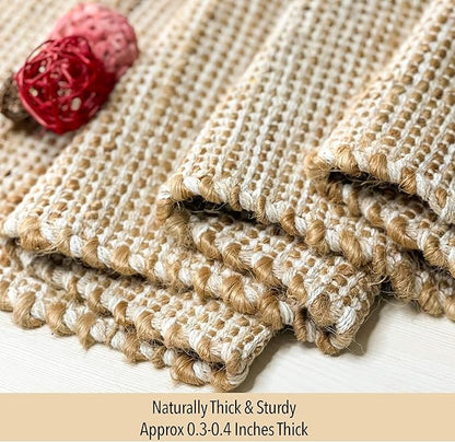 Chardin home Natural Jute Table Runner 13x72 Inch – Vintage Boho Rustic Table Decor – Handwoven Table Runner in Natural Jute and Ivory – Farmhouse Dining or Console Table Accent