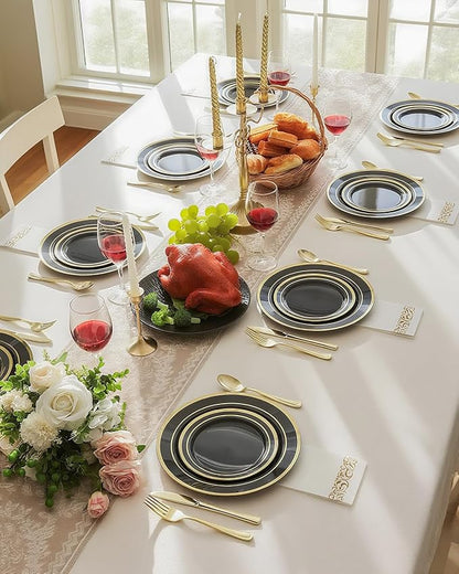 100PCS Black Plastic Plates Set with Gold Rim, 50 10.25 inch Dinner Plates and 50 7.5 inch Dessert Plates, Premium Disposable Plates forfor Party, Wedding, Holiday,And Halloween