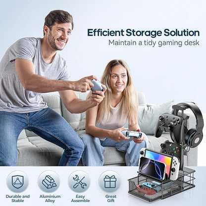KDD Headphone Stand with Drawer - Headset & Controller Holder for Desk - Aluminum Supporting Bar Earphone Stand with Cable Organizer - Universal Gaming PC Accessories Storage