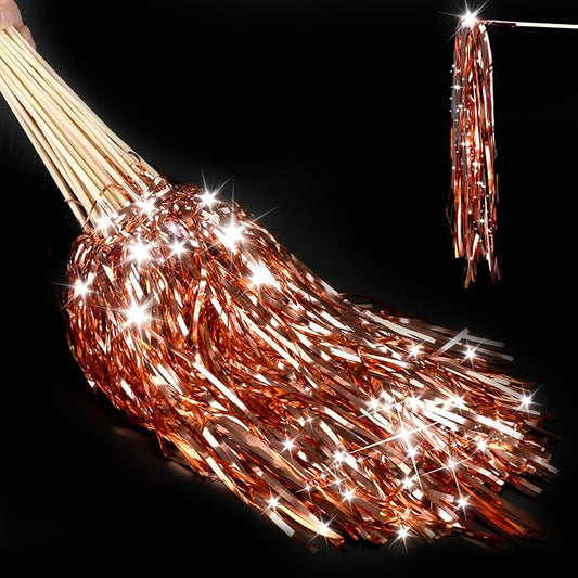100 pcs Wedding Wands Light up with LED Tinsel Wedding Streamers for Wedding Send off and Greeting Ideal Props for Weddings, Birthday Parties, Christmas Cheerleading Games (Rose Gold)